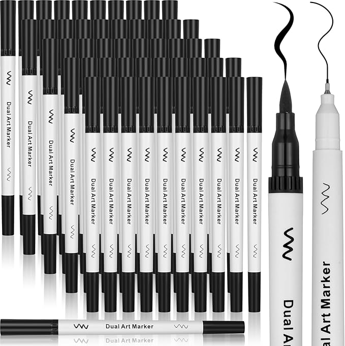 50 Pcs Black Drawing Pens Bulk Dual Brush Fineliners Pens Felt Tip Markers for Art Drawing Sketching