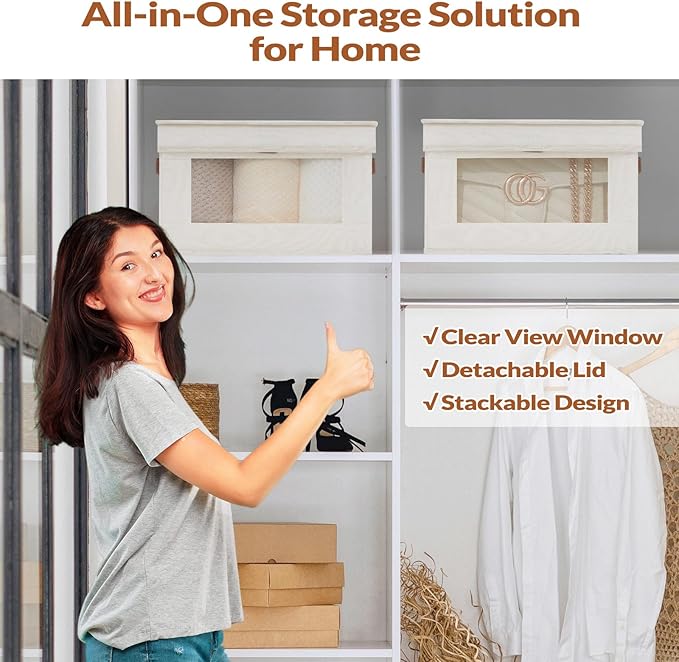 Fabric Storage Bins with Lids, Collapsible Closet Organizer with Sturdy Handles, Clear View Window, Stackable Storage Baskets for Clothes, Towels, Books, Hand Pull Closet Organizer Boxes-2-Pack, Beige