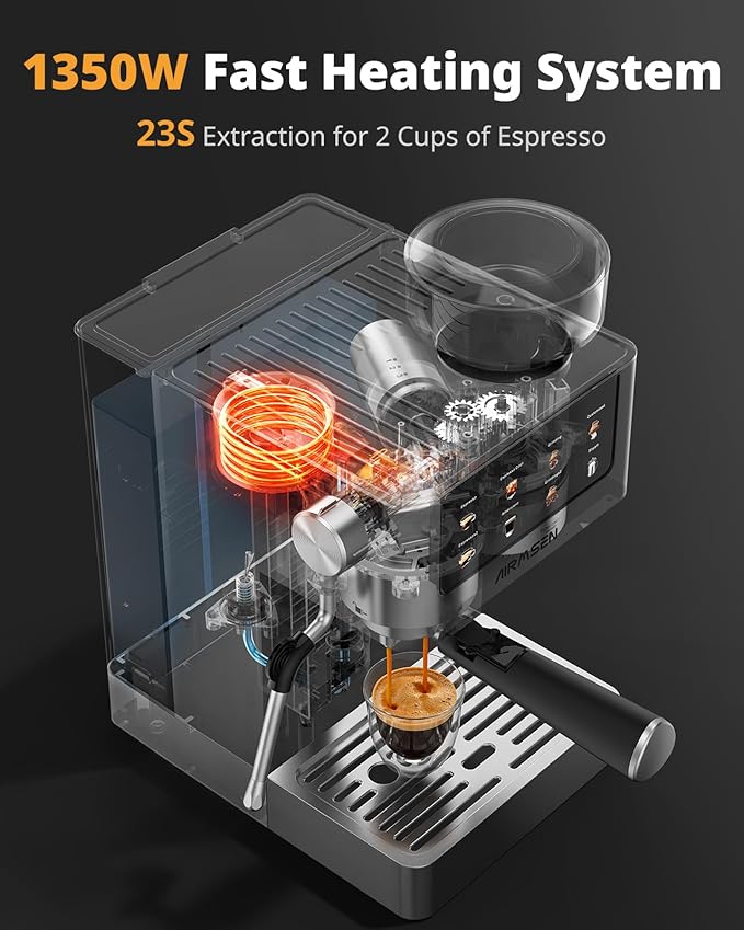 AIRMSEN Espresso Machines with Burr Grinder, 20 Bar, Milk Frother Steam Wand, Stainless Steel Coffee Maker for Home - Cappuccino Latte & Cold Brew Iced Coffee Maker & Americano