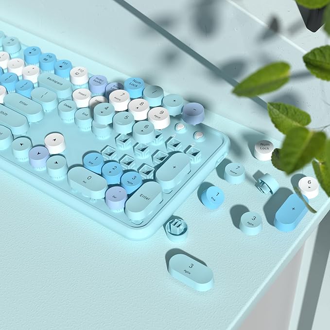 Colorful Wireless Keyboard and Mouse Combo, COVEVA 2.4GHz Wireless Retro Cute Round Keycaps Keyboard, 104 Keys Full-Sized Keyboard Mouse Set with Switch Button for PC Laptop Desktop (Blue Colorful)