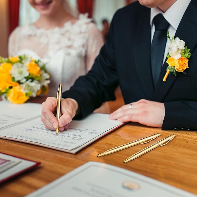 Fuutreo 50 Pack Wedding Gold Pens Bulk Gold Metal Pens Slim Ballpoint Retractable Ballpoint with Black Ink Mini Conical for Wedding Favors Guests, Office Business Teachers,1.0 mm