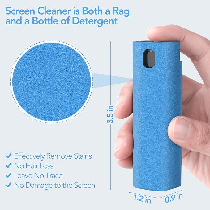 2 Pcs Fingerprint Proof Cleaner, 3 in 1 Touchscreen Mist Spray Wipe Cleaner Soft Fiber Flannel, Safe for All Phones Glasses Tablet Laptop TV Watch Screens (Blue)