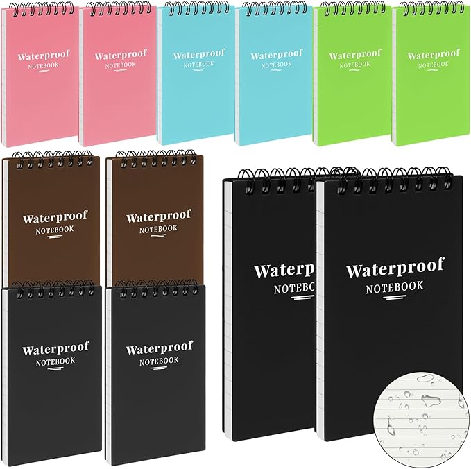 12 Pack Waterproof Pocket Notebooks, 3x5 Small Notepads, Mini Top Spiral Notebook, Lined College Ruled Paper, Tiny Memo Pads for Home, Office, Work, School, or Travel