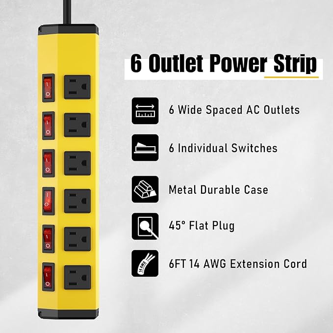 ANNQUAN 6 Outlet Metal Power Strip with 6 Individual Switches,Heavy Duty Power Strip 1200J 15A 6FT Cord Home Office Industrial Commercial Shop