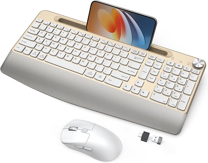Ergonomic Wireless Keyboard and Mouse with Wrist Rest，Phone Holder - 2.4GHz Full-Sized Low-Profile Quiet Gold Wireless Mouse and Keyboard Combo for Computer, Laptop, PC, Mac-Gold