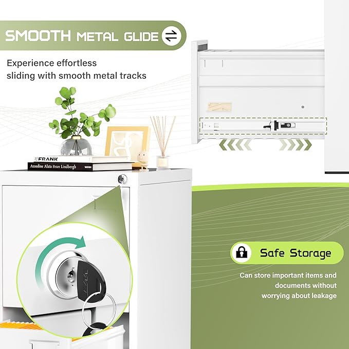 Crownland Lateral File Cabinet with 2 Drawers, 15" W Metal Lockable Office File Cabinets for Home Office- Stores Letter/Legal/A4/F4 Files(White)