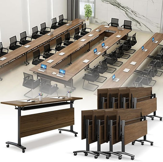 Folding Conference Room Table, Modern Conference Tables with Wheels, Large Rectangular Mobile Training Tables for Office Classroom, Foldable Modular Boardroom Seminar Table Walnut (8pack L70.9in)
