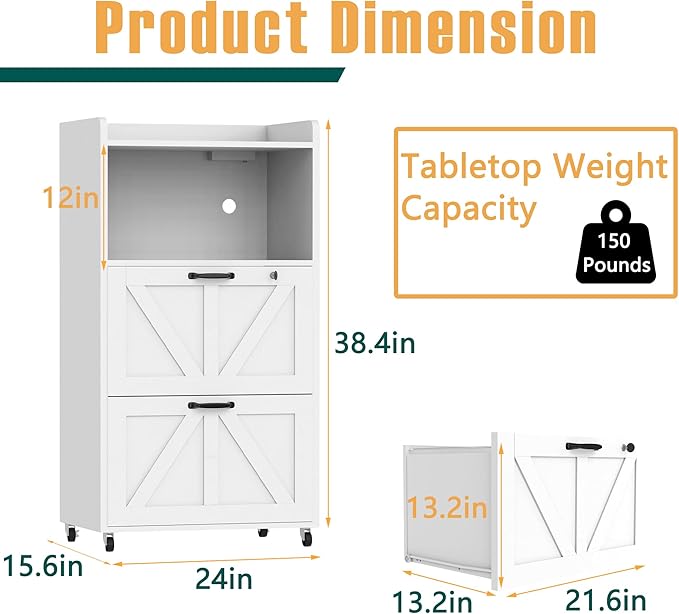 2 Drawer File Cabinet On Wheels & Charging Station, Wood Filing Cabinet with Lock & LED Light, Large Storage Printer Stand for Home Office, White
