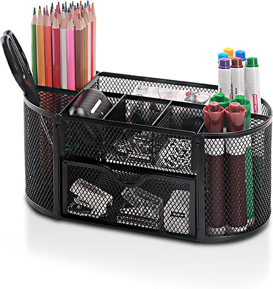Comix Mesh Pen Pencil Holder Desk Organizer, 8 Compartment and 1 Drawer Wire Desktop Pen Pencil Cup Caddy Office Supplies Accessories for Home Office School, Black