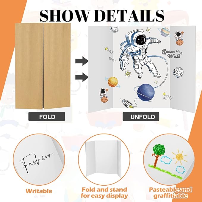 8 Pcs Trifold Display Board 36"x 48" Large White Presentation Board with Board Headers 8 Science Subtitles 64 Black Edge Self Adhesive Paper Poster Board for School Projects and Business Presentations