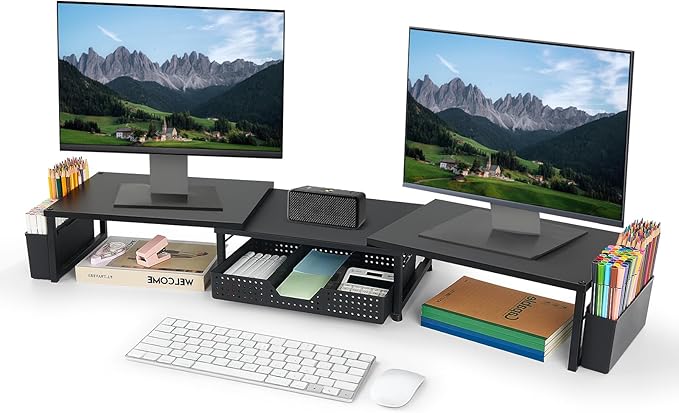 Desk Dual Monitor Stand Riser - Desk Organizer with Drawer and Pen Holders, Office Desk Accessories & Workspace Organization, Computer Monitor Stand for Laptop, Printer, TV(BLACK)