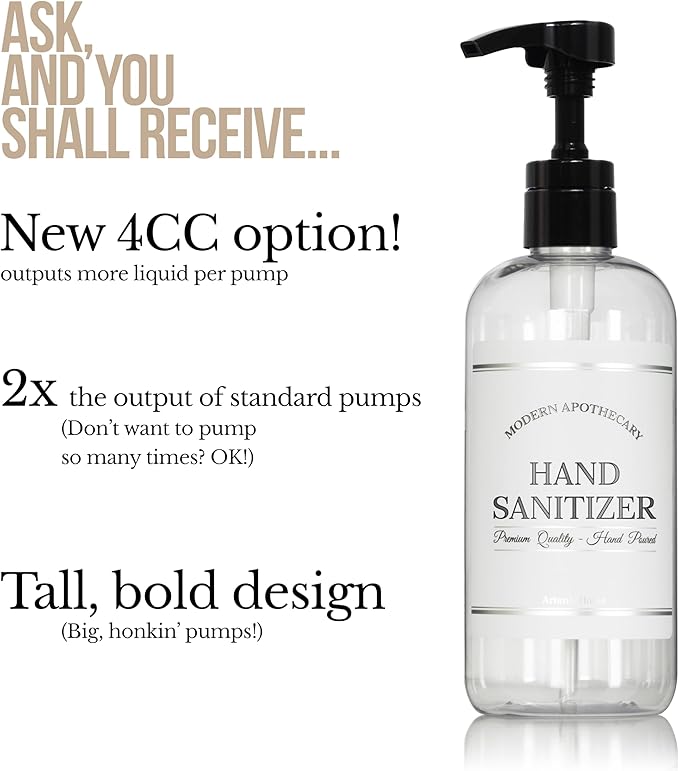 Artanis HomeRefillable Clear PET Plastic 16 oz Hand Sanitizer Bottle with High Output Black Plastic Pump Dispenser - Chrome Accent Waterproof Labeled Bottle