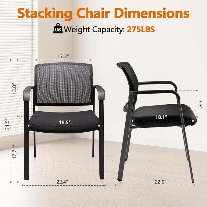 CLATINA Mesh Back Stacking Arm Chairs with Upholstered Fabric Seat and Ergonomic Lumbar Support for Office School Church Guest Reception Black 2 Pack Set