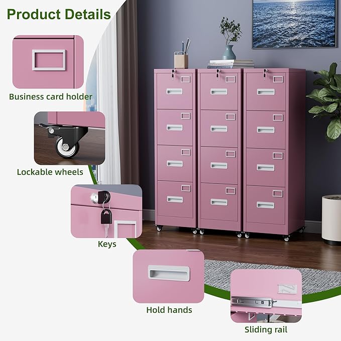 Aobabo File Cabinet 4 Drawer with Wheels, Lockable Office Metal Filing Cabinet with Name Card for Office and Home,Assembly Required,Pink