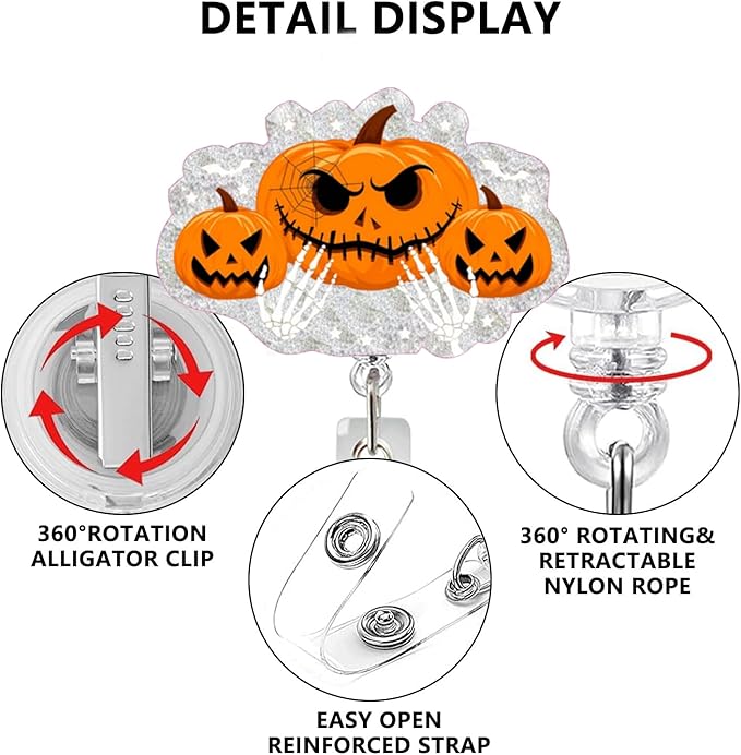 Halloween Pumpkin Badge Reel Cute Glitter Badge Holder Badge Clip Nurse Badge Reel Halloween Handbone Retractable Name Badge Name Tag Holder Nursing Student Social Worker Gift for Coworker