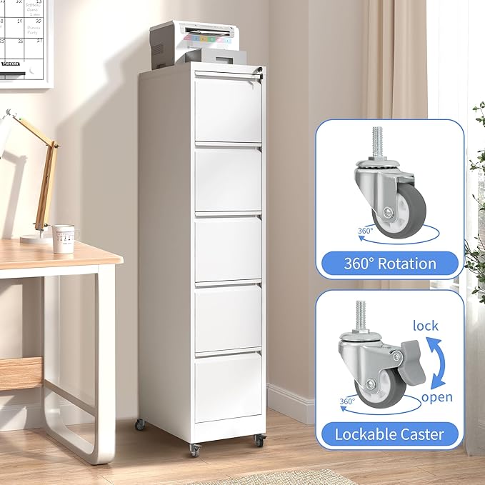 5 Drawer Mobile File Cabinet, Filing Cabinet Home Office for Letter, Legal Size, White