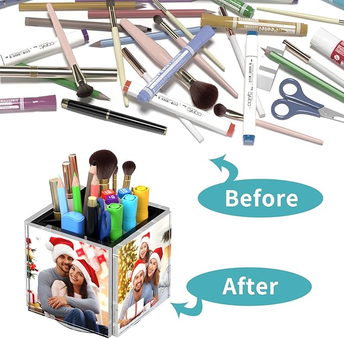 HIIMIEI Acrylic Rotating Pen Holder for Desk, Pencil Holder Picture Frame Holds 4 Family Photos of 4"x4", Desk Pen holder Organizer for Office, Classroom, Home, Kids (Black)