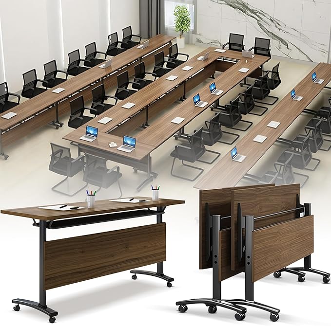 Folding Conference Room Table, Modern Conference Tables with Wheels, Large Rectangular Mobile Training Tables for Office Classroom, Foldable Modular Boardroom Seminar Table Walnut (2pack L55.1in)
