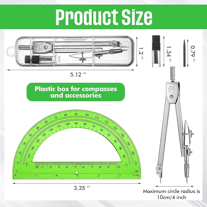 EBOOT Student Geometry Math Set, Drawing Compass and 6 Inch Swing Arm Protractor 180 Degree Math Protractor(Green)
