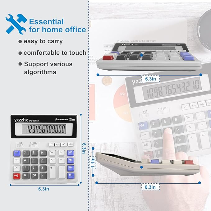 Desk Calculator 12 Digit Extra Large 4.3-Inch LCD Display, Two Way Power Battery and Solar Calculators Desktop, Big Buttons Easy to Press Used as Office Calculators for Desk White