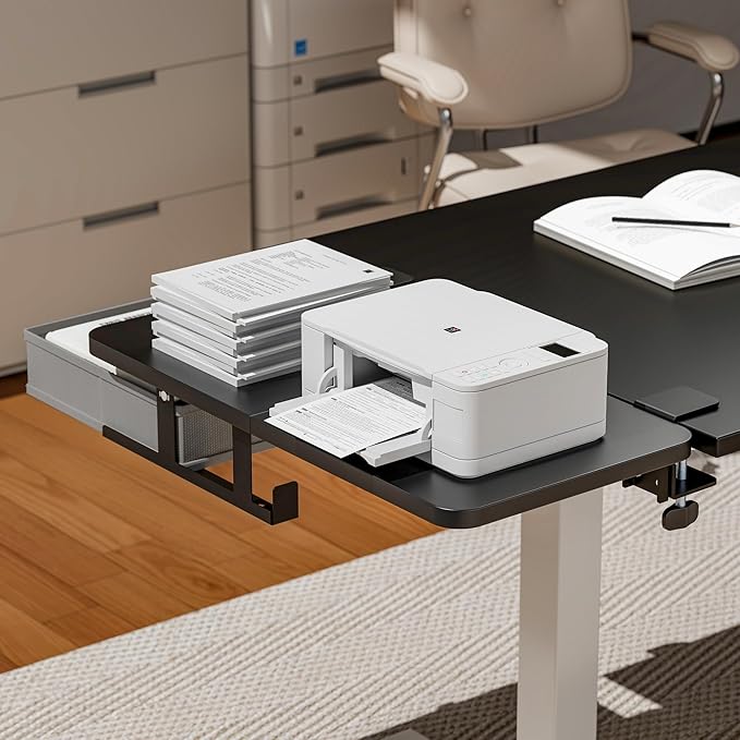 Desk Extender Tray, 24" x 12" Clamp On Desk Shelf, Desk Extension with Storage Drawer, Table Desk Arm Rest, Clamp On Keyboard Tray for Office and Home, Workstation Organizer, Medium, Black