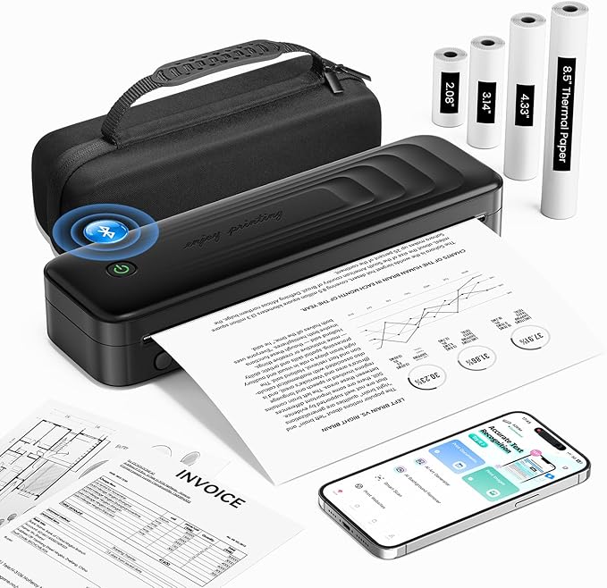 2025 Portable Printers Wireless for Travel, Inkless Thermal Printer Support 8.5" x 11"& A4, Mobile Printers with Carry Case, Bluetooth Portable Printer for Office,Travel,School,Car,Home,Black