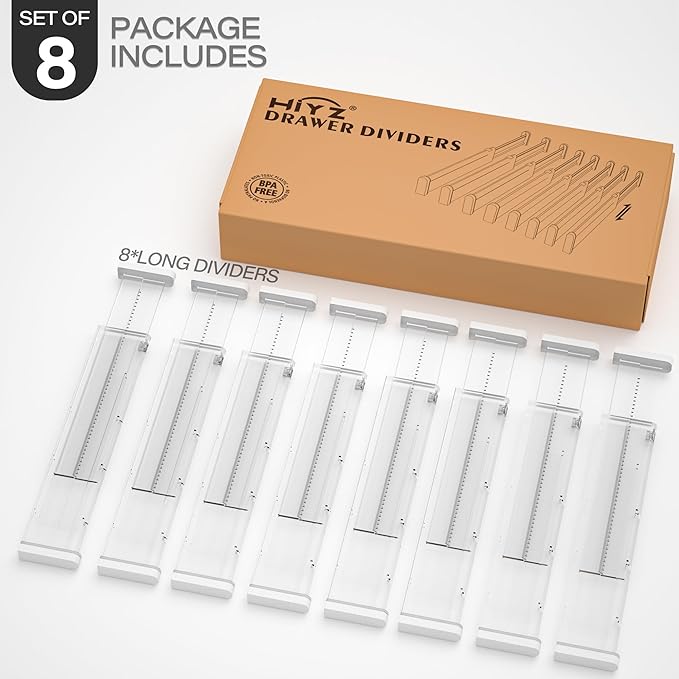 HiYZ Expandable Drawer Dividers - 12.6-22.8'' Adjustable Drawers Organizers for Kitchen Utensils, Drawer Separators in Bedroom, Dresser, Office, Bathroom, Fridge, 8 Pack Long Dividers-Clear