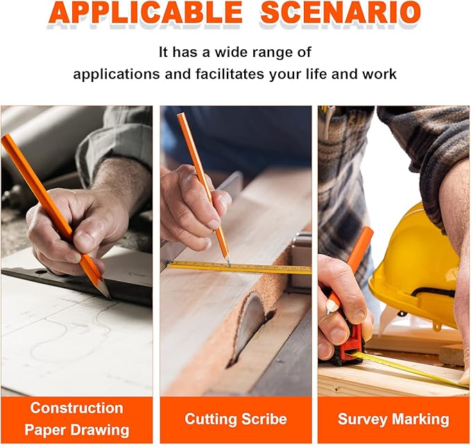 Honoson 200 Pcs Flat Construction Pencils with Printed Ruler Wood Graphite 2 Pcs Carpenter Pencil Sharpener for Woodworking Marking Tool(Orange)