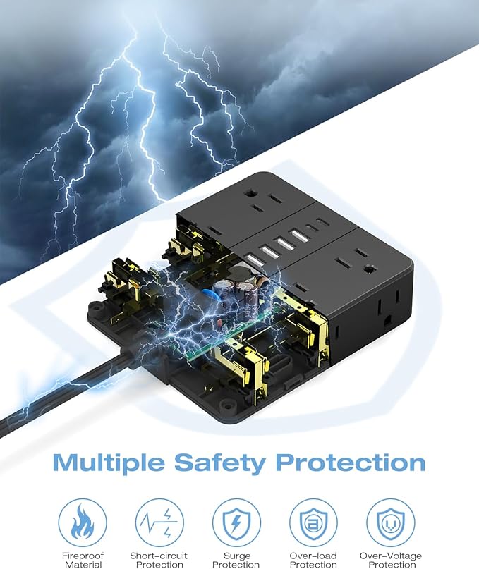 25FT Surge Protector Power Strip,12 AC Outlets with 6 USB Ports (2 USB-C), Flat Plug Extension Cord with Multiple Outlets, Wall Mount for Home Office,Dorm, Black