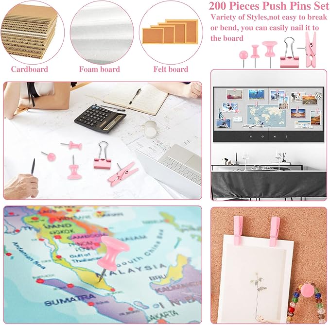 200 Pieces Pink Push Pins Thumb Tacks Cute Decorative Push Pins for Cork Board Bulletin Boards Wall Maps Pictures Office Supplies