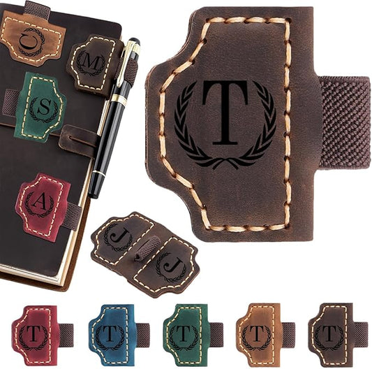 Artlaza Personalized Magnetic Leather Bookmark with Pen Holder - 26 Letters Custom Book Mark with Name Initial Engraved Book Marker for Readers, Book Lovers, Travelers - Gift for Women & Men(Brown，T
