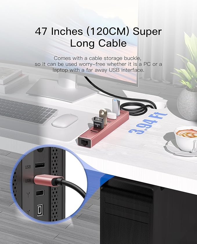 Aluminum USB 3.0 Adapter USB to Ethernet HUB with 120CM Long Cable for Laptop USB Extender with Gigabit Ethernet Port and 5V/3A Power Port 7 Ports USB Hub for iMac PC Flash Drives (Rose Gold)