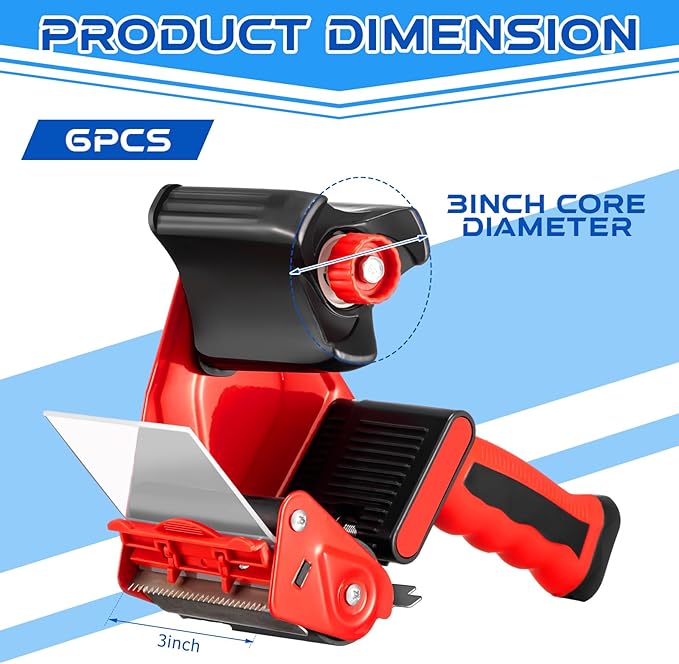 Hicarer 6 Pcs 3 Inch Packing Tape Gun Heavy Duty Tape Dispenser Non Slip Silicone Handle Portable for Shipping, Moving, Carton and Box Sealing