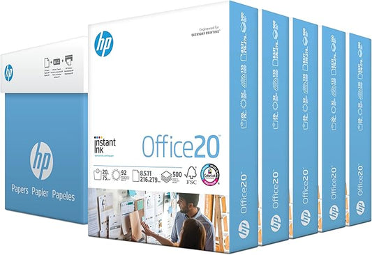 HP Paper Printer Paper 8.5x11 Office 20 lb 5 Ream Case 2500 Sheets 92 Bright Made in USA FSC Certified Copy Paper HP Compatible 112150C