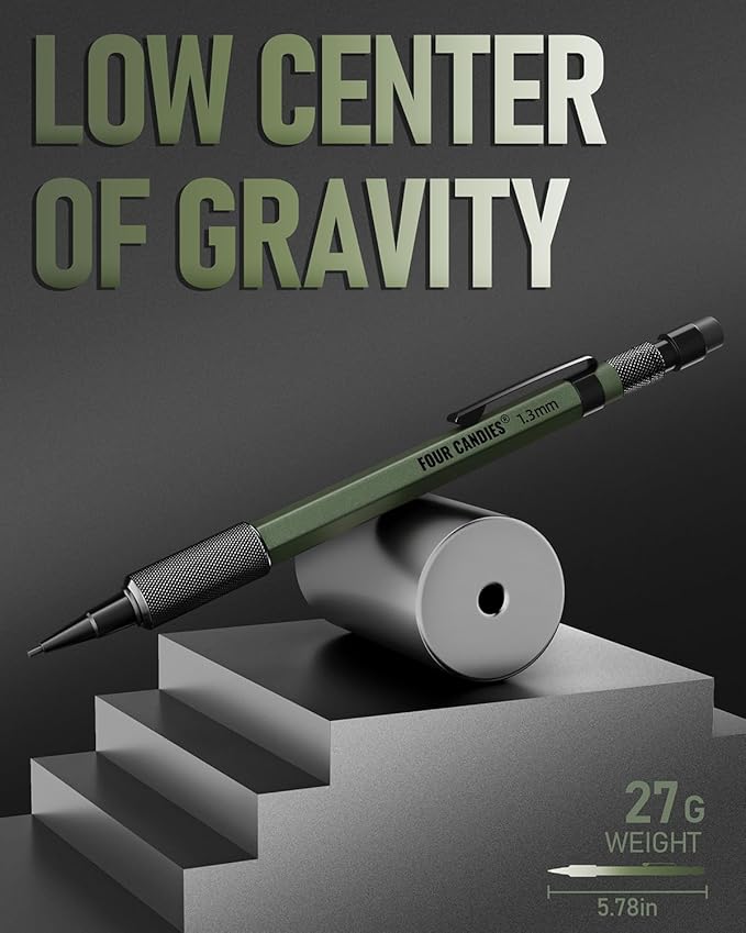 Four Candies 1.3mm Mechanical Pencil Set with 24 Lead Refills, Metal Weatherproof Heavy Duty Outdoor Carpenter Pencil, Eraser, 6 Eraser Refills for Architect Drafting Woodworking Marking with Case