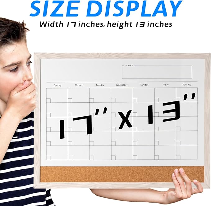 Dry Erase Calendar Whiteboard, 17" x 13" Magnetic Whiteboard Cork Board Combo, Reusable Monthly Planner with 8 Markers, Eraser, Magnets and Pushpins, Hanging Dry Erase Board for Home, School - White