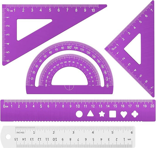 Honagu Triangular Ruler Set, 4+1Pieces Aluminum Alloy Ruler, Metal Drafting Ruler, Geometric Protractor for Students, School Office Supplies (Purple, 20cm)