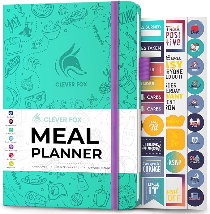 Clever Fox Weekly Meal Planner - Weekly & Daily Meal Prep Journal with Shopping and Grocery Lists for Menu Planning, Healthy Diet & Weight Loss Tracking, Lasts 1 Year, Undated, A5 - Turquoise