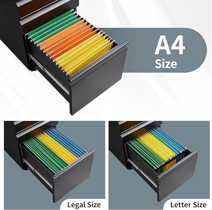 Filing Cabinets for Home Office, Mobile File Cabinet with Lock, 3 Drawer Filing Cabinet for A4/Letter/Legal Size Folder, Fully Assembled Except Casters, Matte Black