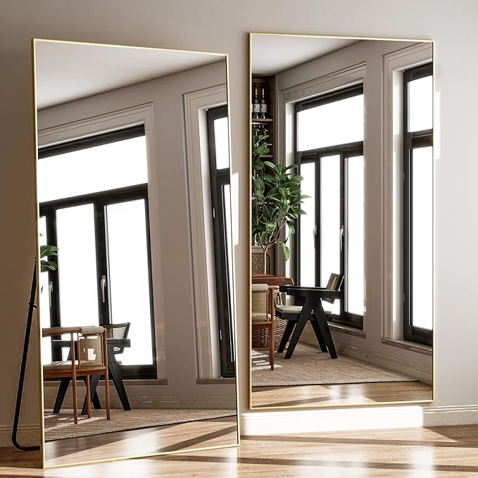 GLSLAND 71"x31" Full Length Mirror Extra Large Hanging or Leaning Rectangle Mirror Aluminum Alloy Thin Frame Bedroom Floor Dressing,Gold