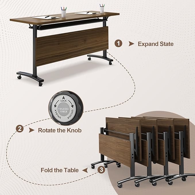 Folding Conference Room Table, Modern Conference Tables with Wheels, Large Rectangular Mobile Training Tables for Office Classroom, Foldable Modular Boardroom Seminar Table Walnut (2pack L70.9in)