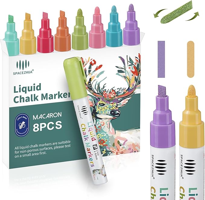 Chalk Markers for Blackboard 8 Macaron Colors, 6mm Reversible Bullet & Chisel Tips, Chalk Pens Wet & Dry Erasable Markers for Whiteboard, Chalkboard, Calendar, Windows, Glass, Signs