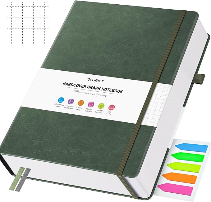 Graph Paper Notebook, 312 Numbered Pages Large A4 Hardcover Leather Journal, 100gsm No Bleed Grid Paper Notebook with Index Pages, Squared Grid Notebook for Graphing Notes Math, 8.5'' × 11'', Green