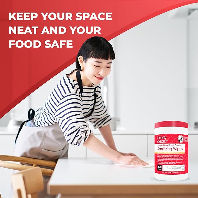 HandyClean Rinse-Free Food Contact Sanitizing Wipes Canister, Multi Surface Cleaning Wipes Cleaning Supplies for Kitchen and Professional Setting 6-Pack (120 Wipes Each)