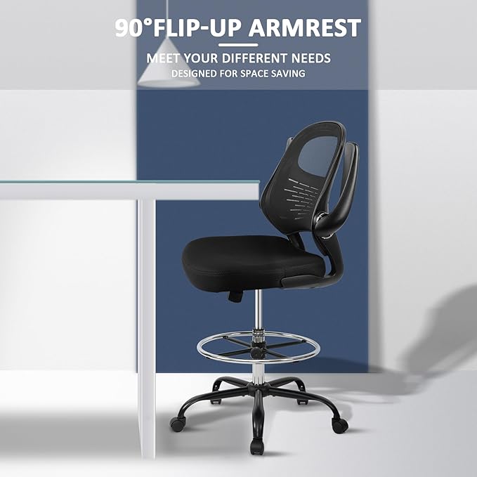 HYLONE Drafting Chair Tall Office Chair with Flip-Up Armrests Ergonomic Computer Chair with Lumbar Support Adjustable Footrest Ring Mesh Standing Desk Chair (Black)