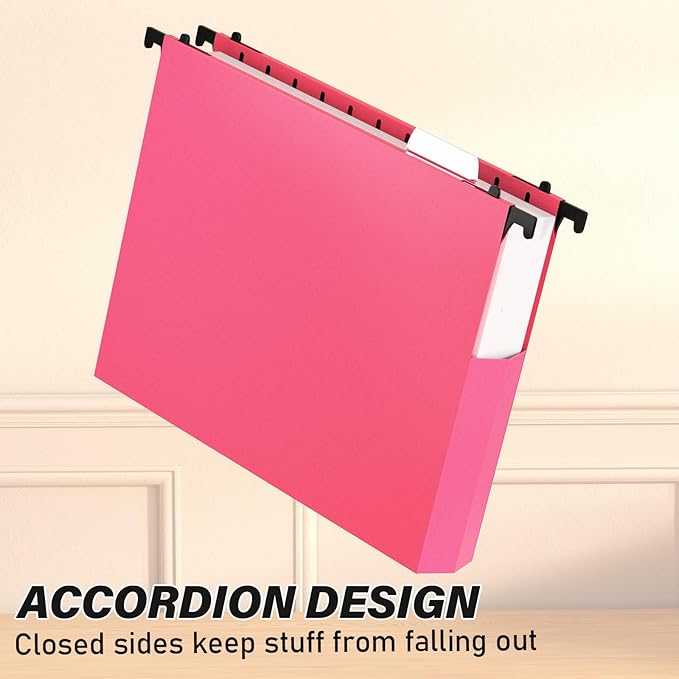 Ansook Plastic Hanging File Folders,Letter Size,Extra Capacity, 2" Expanding Accordian Pocket,Heavy Duty for Filing Cabinet,Hard and Durable Hang Folders Organizer,Letter Size,Pink - 12 Pack