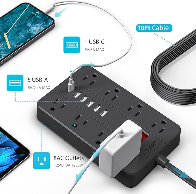 10ft Extension Cord Long Power Strip,AOFO 8 Widely-Spaced Outlets & 6 USB（1 USB C） Ports Flat Plug Power Strip,Power Cord for Wall Mountable and Desktop Black