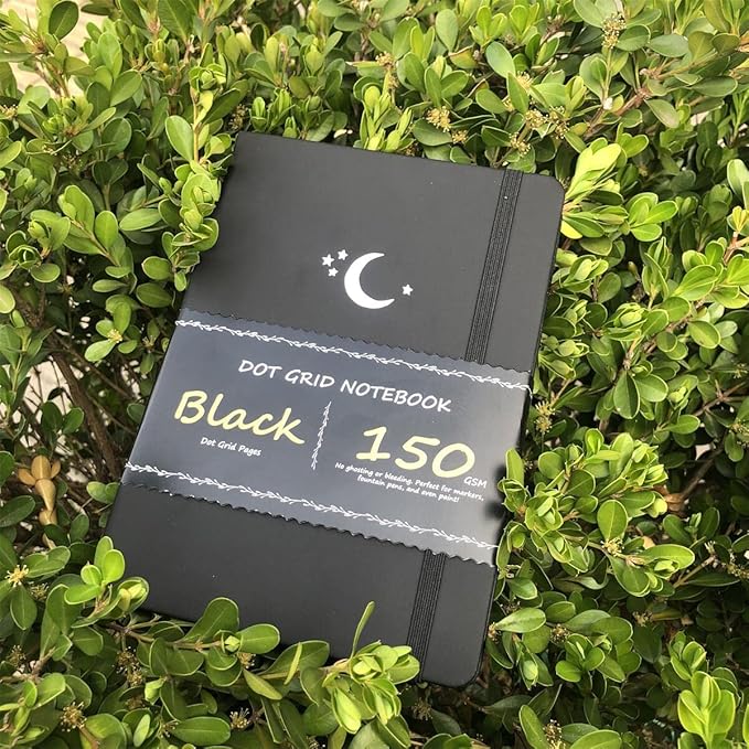 BUKE Dotted Journal - Dot Grid Notebook - 150gsm No Bleed Black Paper - 160 Black Pages - For Women and Men - A5 PU Leather Hardcover 5.75" x 8.5" and Gift Box MOON Stars(BKB-4)