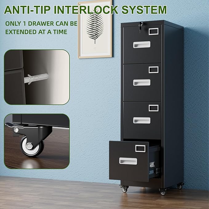 Aobabo File Cabinet 4 Drawer with Wheels, Lockable Office Metal Filing Cabinet with Name Card for Office and Home,Assembly Required,Black