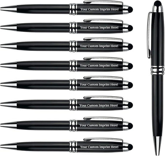 Ancolo Personalized Ballpoint Pens with Stylus - Engraved with Your Message Name/Phone Number Metal Body Black ink Gift for Bank, Office, Hotel Lobbies, Groomsmen Gift 10 Pens/Box